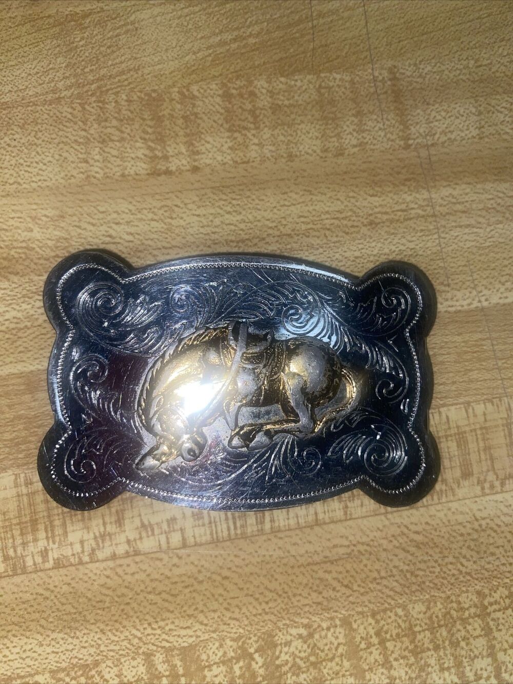 Vintage Horse Rodeo Cowboy Western Shine Belt Buckle Two Tone Metal